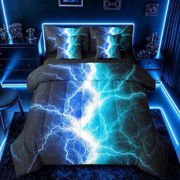 meiyoeat Neon Lightning Pattern Bedding Comforter Set for Boys, Electric Blue Teal Print Full Bedding Set, Black Reversible 7pcs