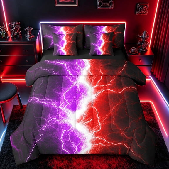 meiyoeat Neon Lightning Pattern Bedding Comforter Set for Boys, Electric Purple Red Print Full Bedding Set, Black Reversible 7-Piece