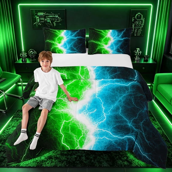 meiyoeat Neon Lightning Pattern Full Size Comforter Sets for Boys, Electric Green Blue Print Bedding Sets, Black Reversible 3pcs, 1 Comforter and 2 Pillowcases