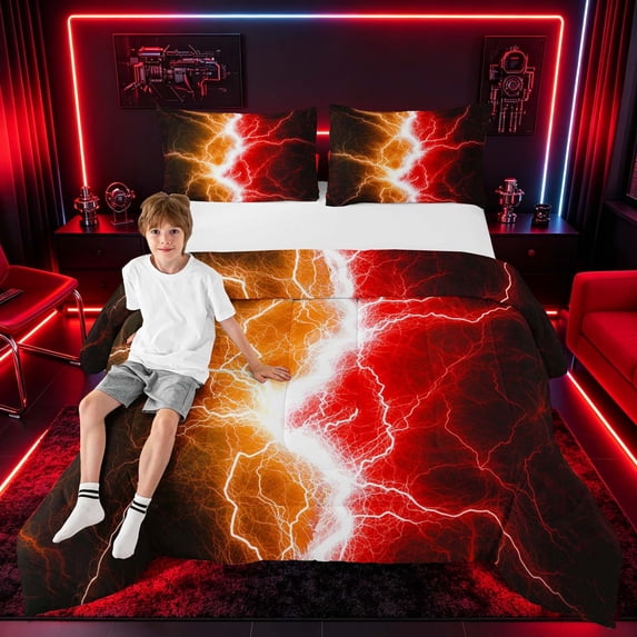 meiyoeat Neon Lightning Pattern Queen Comforter Sets for Boys, Electric Orange Red Print Bedding Set, Black Reversible 3-Piece, 1 Comforter and 2 Pillowcases