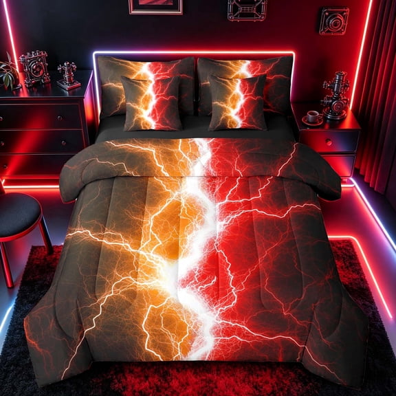 meiyoeat Neon Lightning Pattern Twin Bedding Sets for Boys, Electric Orange Red Print Bedding Comforter Set, Black Reversible 7-Piece