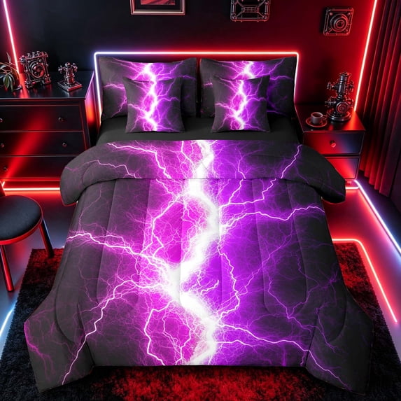 meiyoeat Neon Lightning Pattern Twin Bedding Sets for Boys, Electric Purple Print Bedding Comforter Set, Black Reversible 7 Pieces