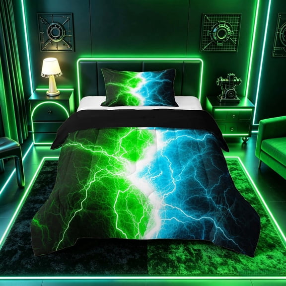 meiyoeat Neon Lightning Pattern Twin Comforter Sets for Boys, Electric Green Blue Print Bedding Set, Black Reversible 2 Pieces, 1 Comforter and 1 Pillowcase