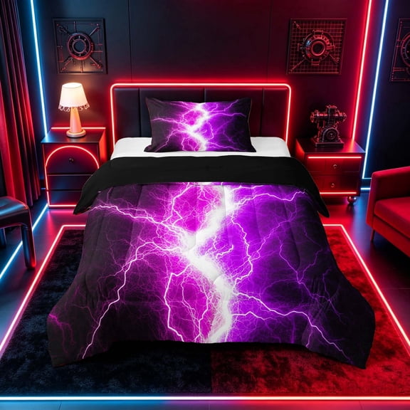 meiyoeat Neon Lightning Pattern Twin Comforter Sets for Boys, Electric Purple Print Bedding Set, Black Reversible 2 Pieces, 1 Comforter and 1 Pillowcase
