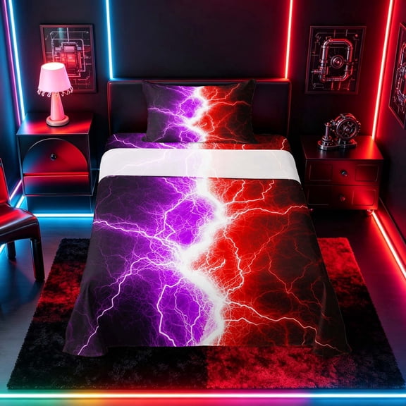 meiyoeat Neon Lightning Pattern Twin Sheet Sets for Boys, Electric Purple Red Print Bedding, 3pcs, 1 Flat Sheet, 1 Fitted Sheet and 1 Pillowcase