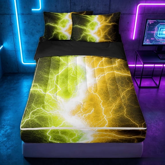 meiyoeat Neon Lightning Pattern Zipper Twin Comforter Sets with Fitted Sheet and 2 Pillowcases for Boys, Electric Green Yellow Print Zipper Bedding Set, Black Reversible
