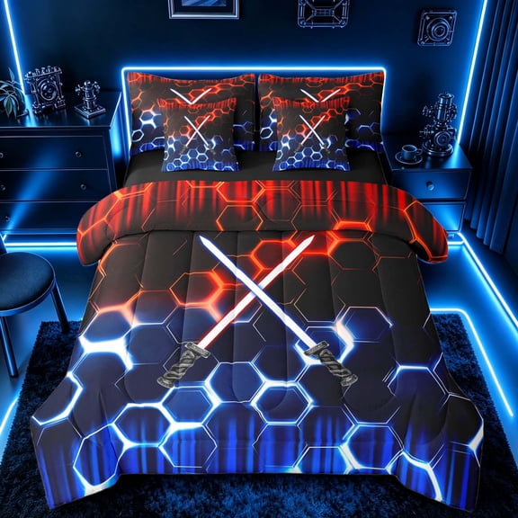 meiyoeat Neon Lights Bedding Comforter Set for Boys, Sci-Fi Red Blue Gaming Full Bedding Set, Black Reversible 7 Pieces