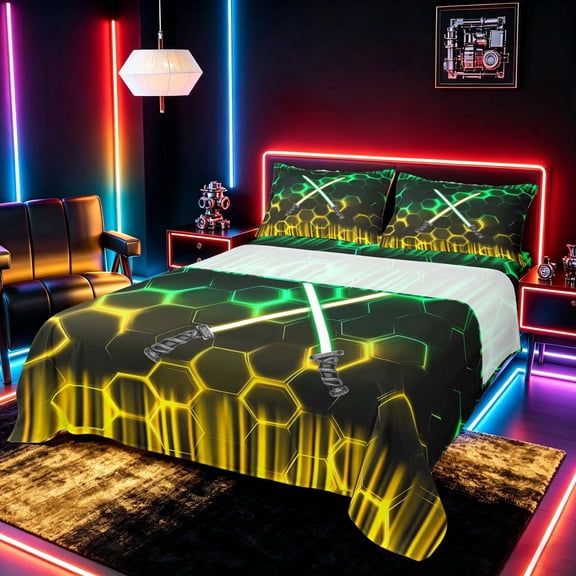 meiyoeat Neon Lights Full Size Sheets for Boys, Sci-Fi Green Yellow Gaming Bed Sheets, 4pcs, 1 Flat Sheet, 1 Fitted Sheet and 2 Pillowcases