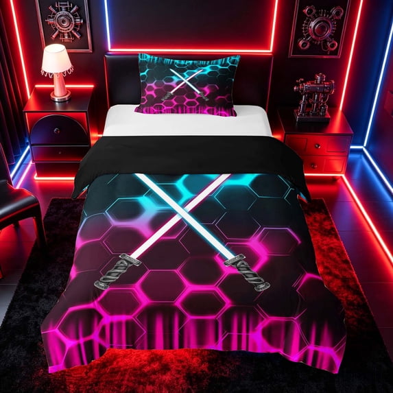 meiyoeat Neon Lightsaber Twin Bedding for Boys, Sci-Fi Cyan Pink Gaming Duvet Cover Set, Black Reversible 2pcs, 1 Duvet Cover and 1 Pillowcase