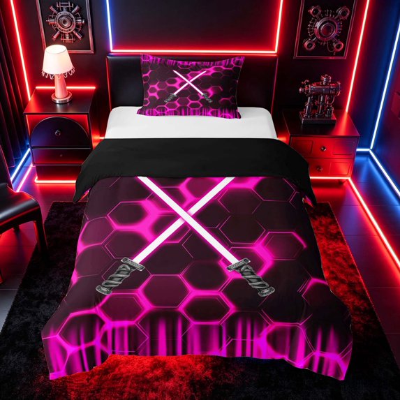 meiyoeat Neon Twin Bedding for Boys, Sci-Fi Pink Gaming Duvet Cover Set, Black Reversible2 Pieces, 1 Duvet Cover and 1 Pillowcase