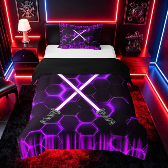 meiyoeat Neon Twin Bedding for Boys, Sci-Fi Purple Gaming Duvet Cover Set, Black Reversible 2-Piece, 1 Duvet Cover and 1 Pillowcase
