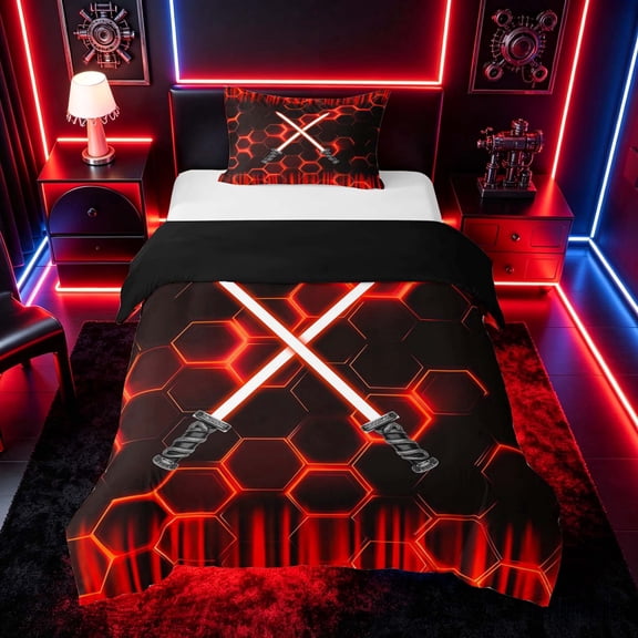 meiyoeat Neon Twin Bedding for Boys, Sci-Fi Red Gaming Duvet Cover Set, Black Reversible 2-Piece, 1 Duvet Cover and 1 Pillowcase
