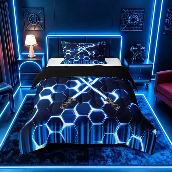 meiyoeat Neon Lights Twin Comforter Sets for Boys, Sci-Fi Blue White Gaming Bedding Set, Black Reversible 2-Piece, 1 Comforter and 1 Pillowcase