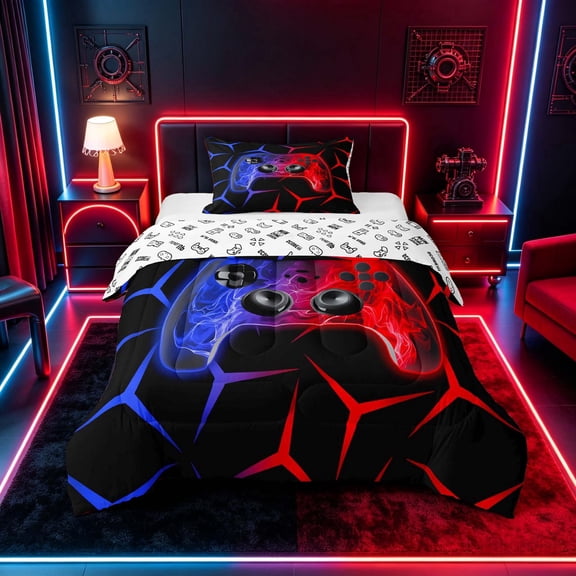 meiyoeat Neon Red-Blue Flame Game Controller Twin Comforter Sets for Kids Boys, Dual-Tone Geometric Gaming Bedding Set, Gamepad Reversible 2-Piece, 1 Comforter and 1 Pillowcase