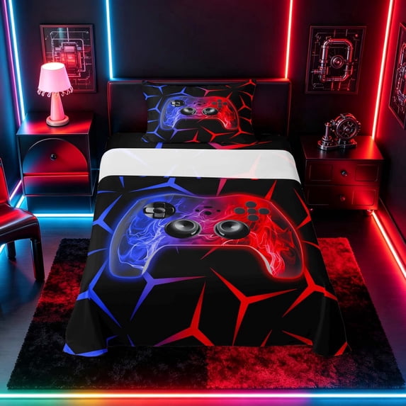 meiyoeat Neon Red-Blue Flame Game Controller Twin Sheet Sets for Kids Boys, Dual-Tone Geometric Gaming Bedding, 3-Piece, 1 Flat Sheet, 1 Fitted Sheet and 1 Pillowcase