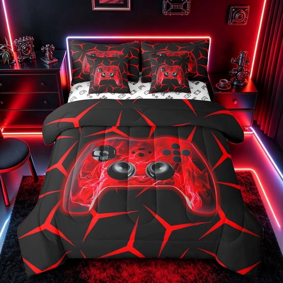 meiyoeat Neon Red Flame Game Controller Twin Bedding Sets for Kids Boys, Red Geometric Gaming Bedding Comforter Set, Gamepad Reversible 7-Piece