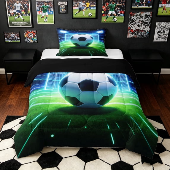 meiyoeat Neon Soccer Print Twin Comforter Sets for Boys, Football Sport Lover Bedding Set, Green Blue, Black Reversible, 2 Pieces, 1 Comforter and 1 Pillowcase