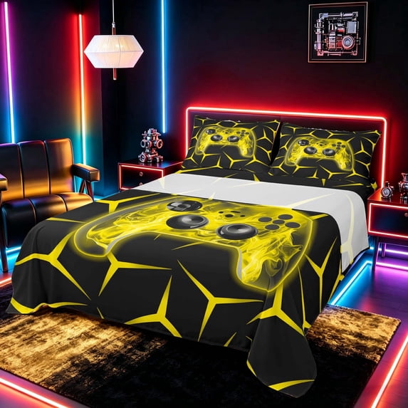 meiyoeat Neon Yellow Flame Game Controller Full Size Sheets for Kids Boys, Yellow Geometric Gaming Bed Sheets, 4pcs, 1 Flat Sheet, 1 Fitted Sheet and 2 Pillowcases