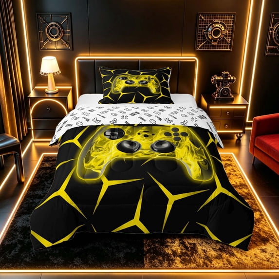 meiyoeat Neon Yellow Flame Game Controller Twin Comforter Sets for Kids Boys, Yellow Geometric Gaming Bedding Set, Gamepad Reversible 2 Pieces, 1 Comforter and 1 Pillowcase