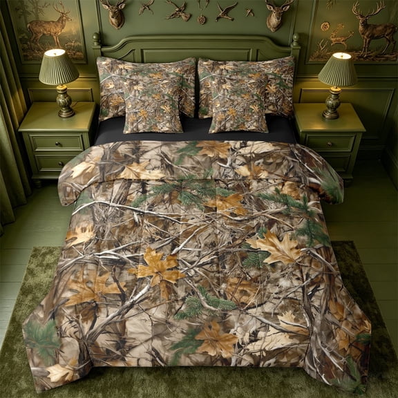 meiyoeat Neutral Camouflage Pattern 7-Piece King Bedding,Retro Camo Hunting King Bed in a Bag For Men Women,Black Reversible