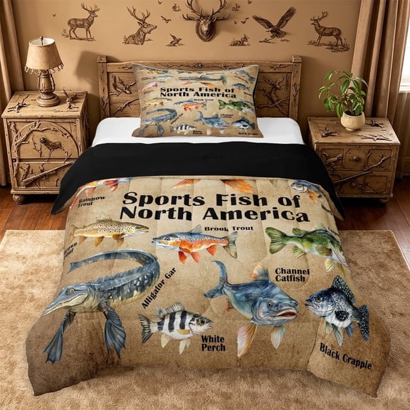 meiyoeat North Pike Fish Print Twin Comforter Sets For Kids,Retro Fishing Theme Bedding Set For Boys,Black Reversible,2-Piece