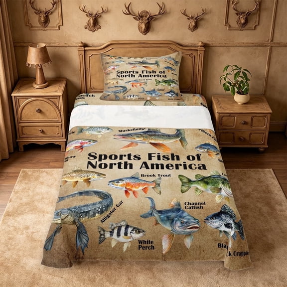 meiyoeat North Pike Fish Print Twin Sheets For Kids,Retro Fishing Theme Bedding For Boys,3-Piece