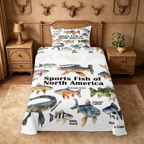 meiyoeat Northern Pike Twin Sheets For Kids,Rustic Bass Fish Bedding For Men,3 Pieces