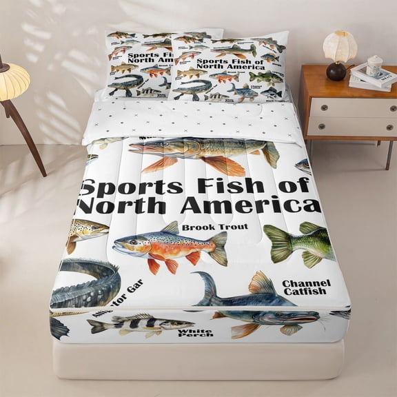 meiyoeat Northern Pike Zipper Twin Comforter Sets with Fitted Sheet and 2 Pillowcases For Kids,Rustic Bass Fish Zipper Bedding Set For Men,Reversible,4-Piece