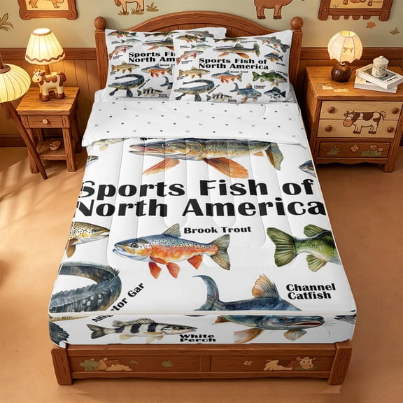 meiyoeat Northern Pike Zipper Twin Comforter Sets with Fitted Sheet and 2 Pillowcases For Kids,Rustic Bass Fish Zipper Bedding Set For Men,Reversible,4-Piece