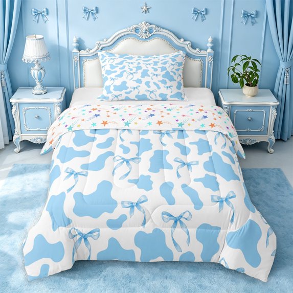 meiyoeat Blue Ribbon Bow Twin Comforter Sets,Cute Cow Print Bedding Set For Girl,Reversible,2-Piece,1 Comforter and 1 Pillowcase