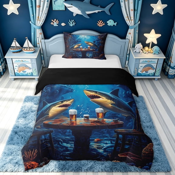 meiyoeat Ocean Navy Shark Twin Duvet Cover for Men Boys, Kawaii Coastal Animal Twin Bedding, Black Reversible, 2 Pieces, 1 Duvet Cover and 1 Pillowcase
