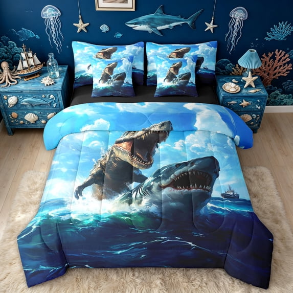 meiyoeat Ocean Sea Dinosaur Shark King Bedding for Boys Men, Prehistoric Sea King Bed in a Bag, Blue, Black Reversible, 7pcs