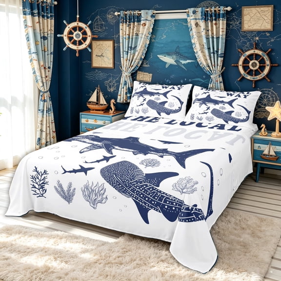 meiyoeat Ocean Shark Bed Sheets for Kids Boys, Ocean Quote Full Size Sheets for Bedroom, Navy White, 4-Piece