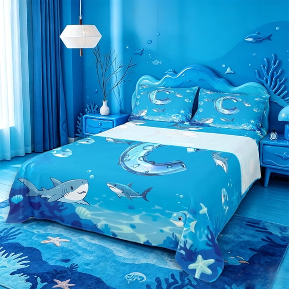 meiyoeat Ocean Shark Monogram C King Sheets For Boys,Water Themed Letter Design Bedding,4 Pieces,1 Flat Sheet,1 Fitted Sheet And 2 Pillowcases