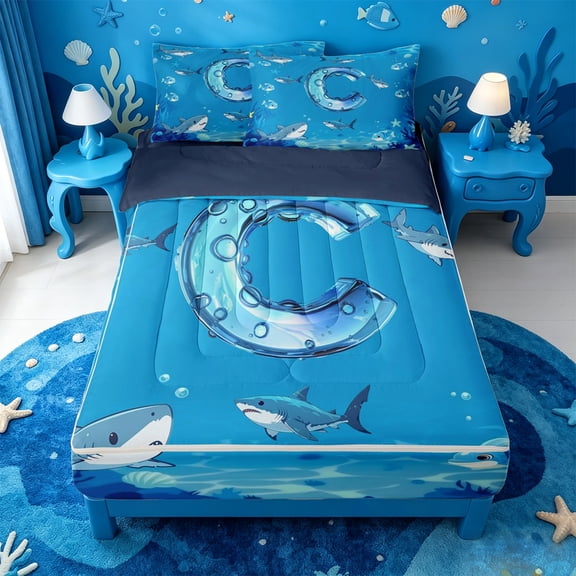 meiyoeat Ocean Shark Monogram C Zipper Twin Comforter Sets with Fitted Sheet and 2 Pillowcases For Boys,Water Themed Letter Design Zipper Bedding Set,Navy Blue Reversible,4-Piece