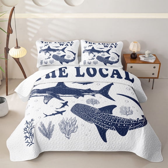 meiyoeat Ocean Shark Twin Quilt Set for Men Boys, Ocean Quote Twin Coverlet Set for Bedroom, Navy White, 2-Piece