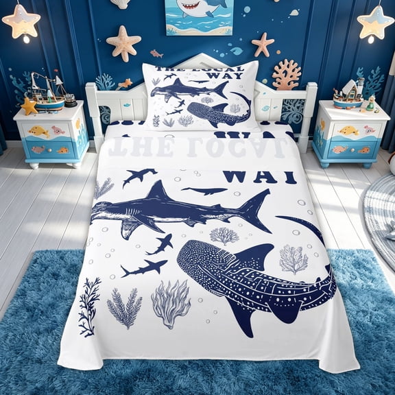 meiyoeat Ocean Shark Twin Sheets for Kids Boys, Ocean Quote Bedding for Bedroom, Navy White, 3-Piece