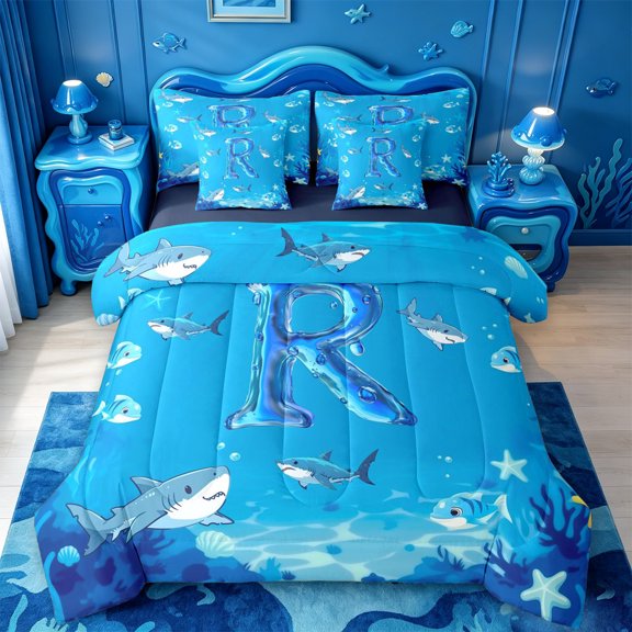 meiyoeat Ocean Style Personalized Monogram R 7-Piece Twin Bedding For Boys,Sea Life Shark Initial Design Bedding Comforter Set,Navy Blue Reversible