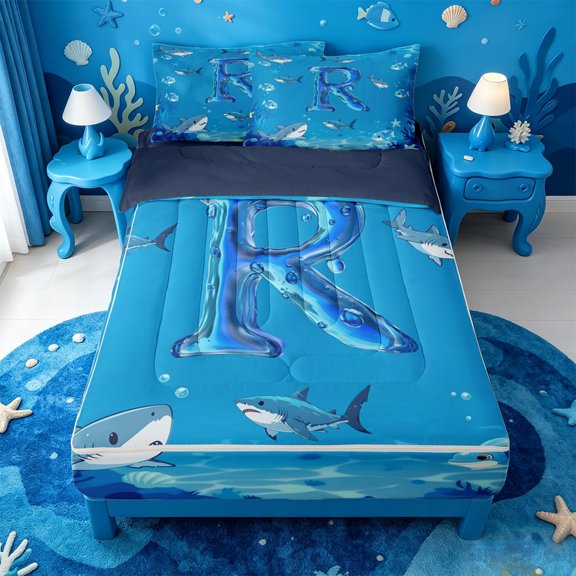 meiyoeat Ocean Style Personalized Monogram R Zipper Twin Comforter Sets with Fitted Sheet and 2 Pillowcases For Boys,Sea Life Shark Initial Design Zipper Bedding Set,Navy Blue Reversible,4 Pieces