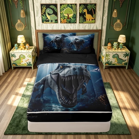 meiyoeat Ocean Underwater Dino Zipper Twin Comforter Sets with Fitted Sheet and 2 Pillowcases for Boys Men, Mystic Sea Animal Zipper Bedding Set, Blue Gray, Black Reversible, 4pcs