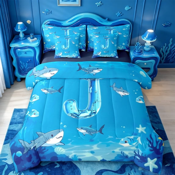 meiyoeat Ocean Wave Monogram J 7 Pieces Full Size Bedding Sets For Boys,3D Cartoon Shark Water Initial Art Full Size Bed in a Bag,Navy Blue Reversible