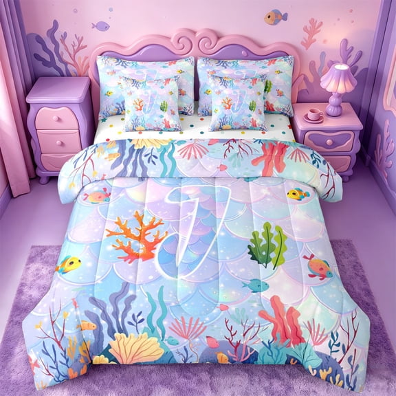 meiyoeat Ocean Wave Texture 7Pcs Queen Bedding,Watercolor Monogram J Bedding Comforter Set Queen,Reversible