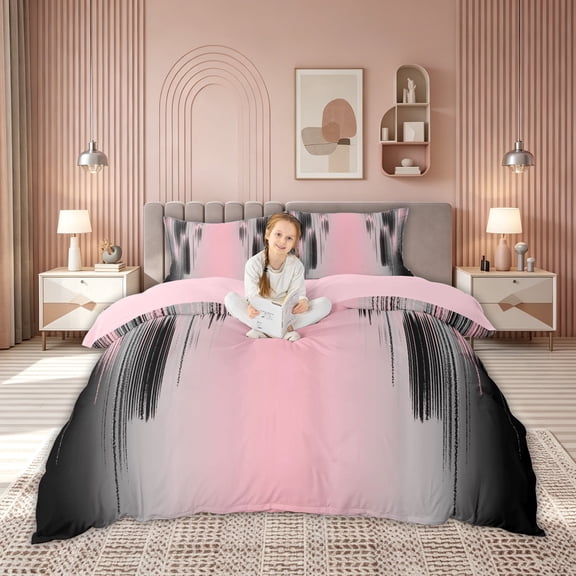 meiyoeat Ombre Gradient Brushstroke Bedding for Kids Girls, Modern Line Art Duvet Cover Full, Pink Black, Pink Reversible, 3-Piece