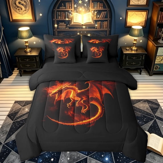 meiyoeat Orange Fire Dragon Twin Bedding for Boys, Flame Animal Bedding Comforter Set, Black Orange, Black Reversible, 7pcs