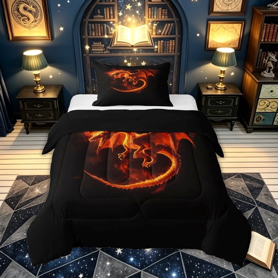 meiyoeat Orange Fire Dragon Twin Comforter Sets for Boys, Flame Animal Bedding Set, Black Orange, Black Reversible, 2pcs, 1 Comforter and 1 Pillowcase