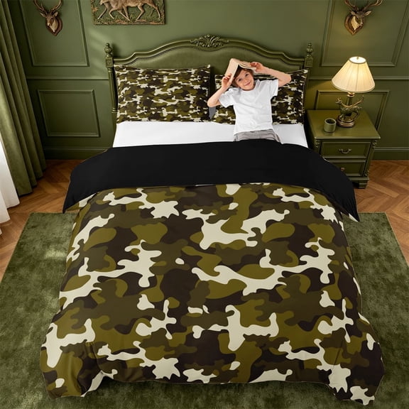 meiyoeat Outdoor Camouflage Print Duvet Cover King For Boy,Vintage 3D Camo King Bedding,Black Reversible,3pcs(No Comforter)