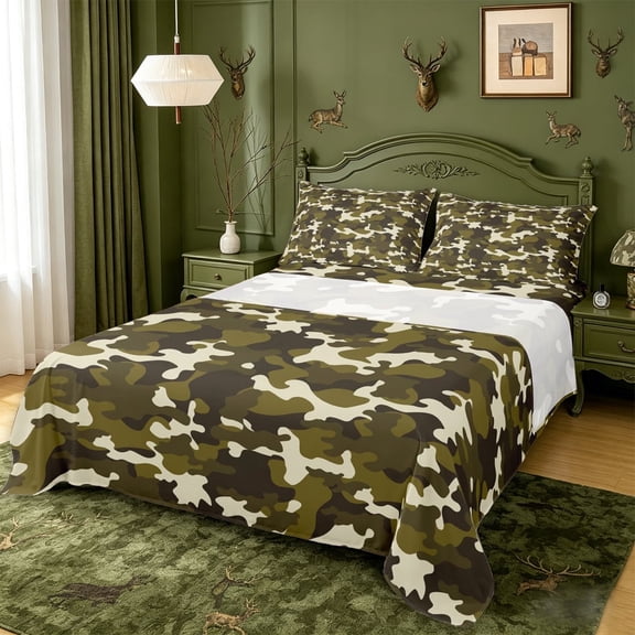 meiyoeat Outdoor Camouflage Print Queen Sheets For Boy,Vintage 3D Camo Queen Sheet Sets,4 Pieces