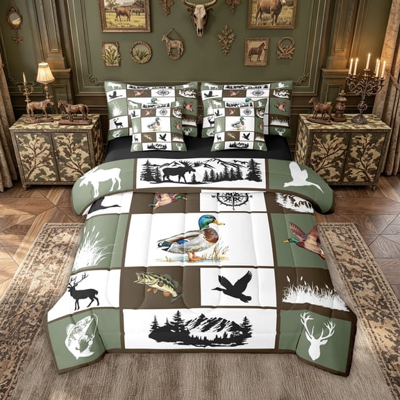 meiyoeat Outdoor Hunting Wildlife Full Size Bedding Sets for Men Boys, Vintage Rustic Cabin Patchwork Full Size Bed in a Bag, Olive Drab, Black Reversible, 7pcs