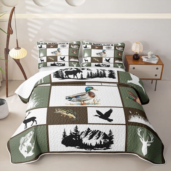 meiyoeat Outdoor Hunting Wildlife Twin Quilt Set for Men Boys, Vintage Rustic Cabin Patchwork Twin Coverlet Set, Olive Drab, 2pcs