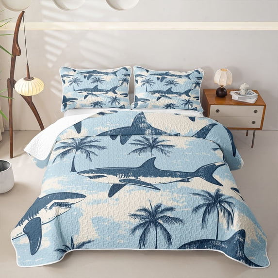 meiyoeat Palm Tree Coastal Shark Quilt King for Boys Girls, Beach Summer Ocean Wildlife King Coverlet Set, Sky Blue, 3-Piece